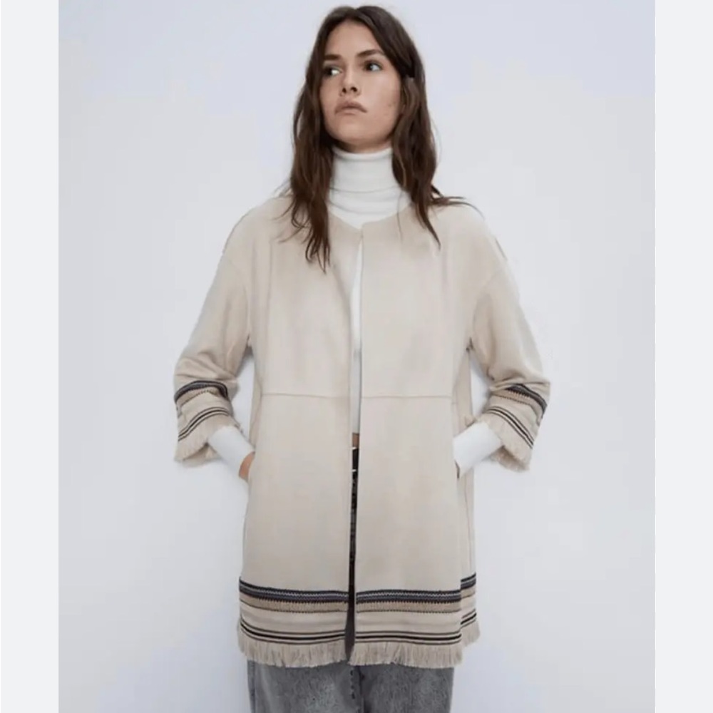Zara Faux Suede Boho Festival Jacket Fringe Trim Small